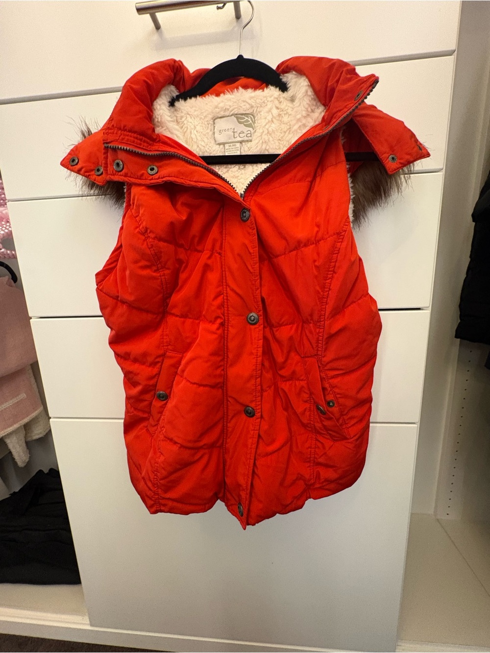 GreenTea Bright Red Puffer Vest with Faux Fur Trim